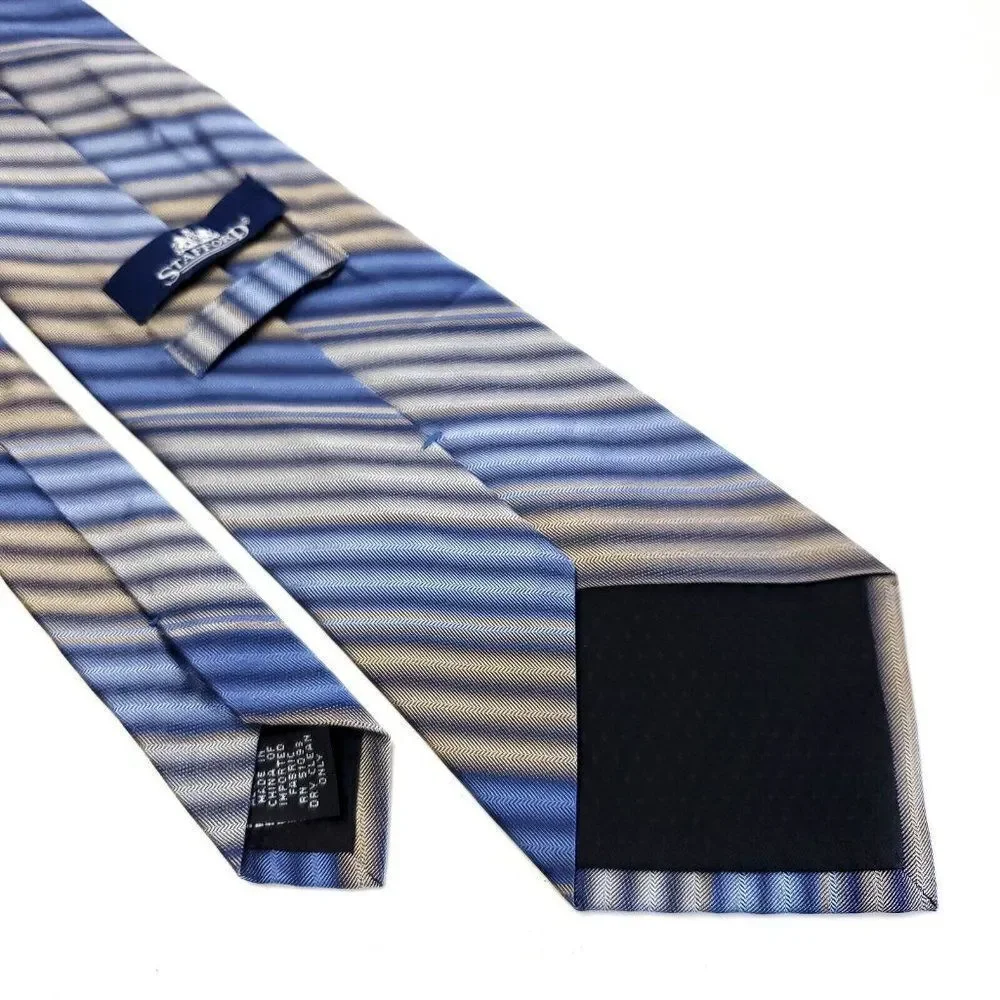Stafford Blue Beige‎ Striped Woven Short Wide Silk Tie